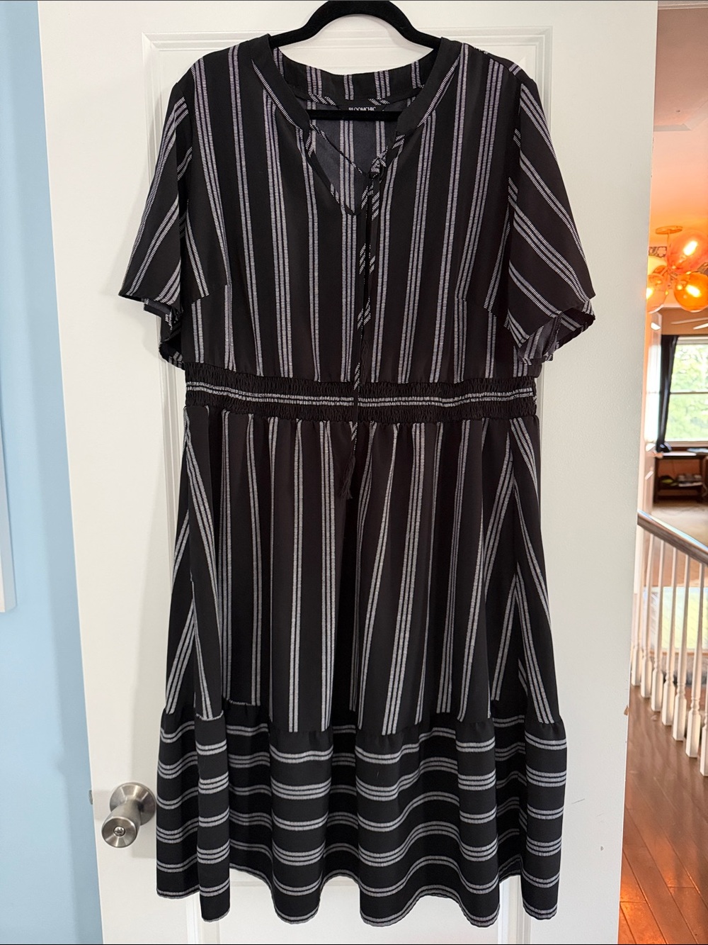BloomChic Black and White Striped Short-Sleeve Midi Dress